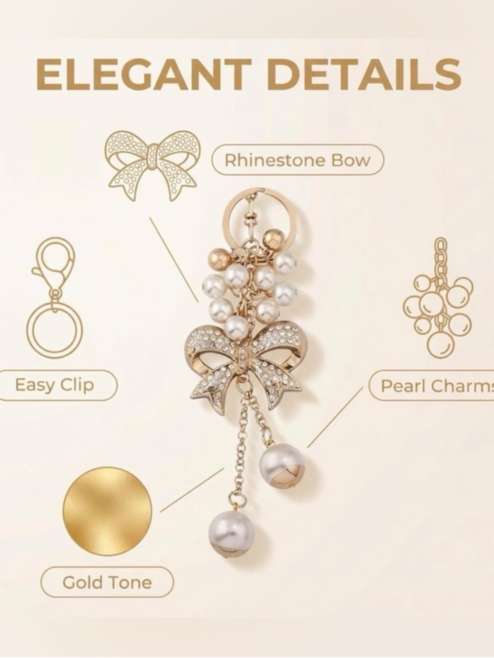 Gold Bow & Pearl Charm Keychain - Picture 2 of 3